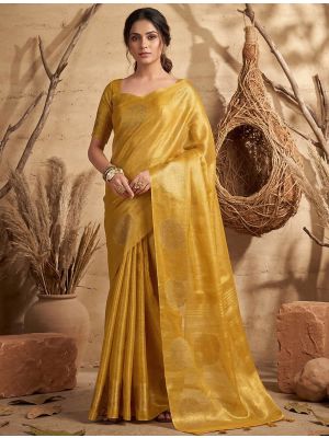 Mustard Yellow Tissue Silk Saree With Gold Zari Woven Motifs