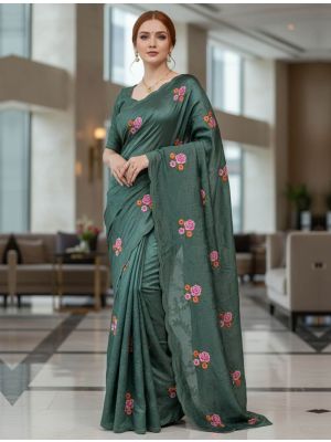 Muted Forest Green Manipuri Silk Embroidered Saree With Cutwork