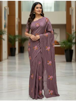 Muted Plum Manipuri Silk Embroidered Saree With Cutwork