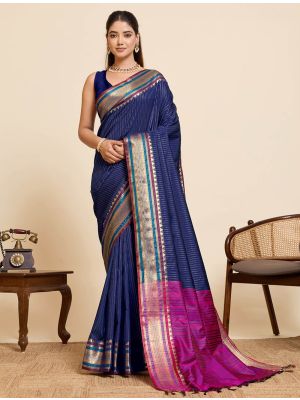 Navy Blue Art Silk Saree With Golden Zari Work