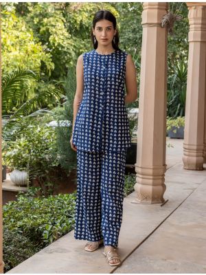 navy blue cotton ethnic co ord set fabku21202