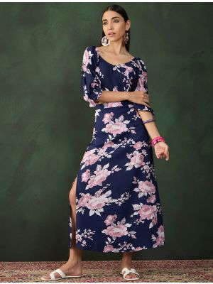 navy blue crepe printed co ord set fabku20990