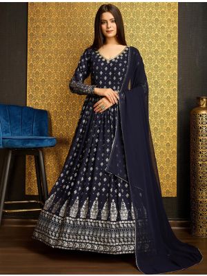 navy blue georgette flared anarkali gown with dupatta fabgo20280