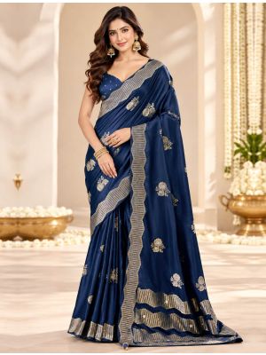 Navy Blue Satin Saree With Floral Motifs & Ornate Border