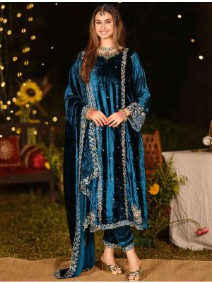 Navy Blue Velvet Designer Salwar Kameez With Zardosi Work small FABSL22329