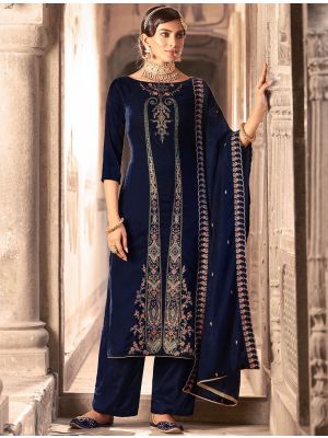 Navy Blue Velvet Salwar Kameez With Thread Work And Zari small FABSL21662
