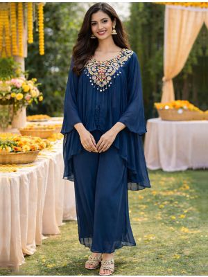 navy blue viscose chinon flowy kurta palazzo set fabku21168