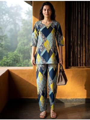 navy multi rayon blend digital printed co ord set fabku21296