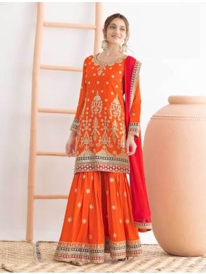 Neon Orange Chinon Semi Stitched Sharara Suit small FABSL22363