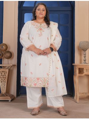 Off White Cotton Embroidered Plus Size Salwar Kameez FABSL22472