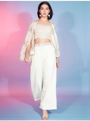off white georgette co ord set with thread and sequins fabku20891