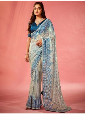 Off White Georgette Party Wear Saree With Sequins