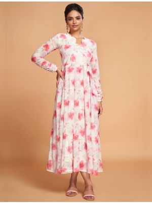 off white georgette printed elegant midi dress fabku20884
