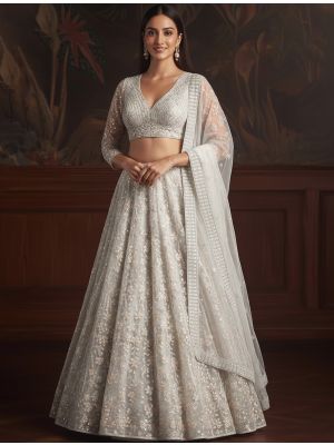Off White Net Embroidered Wedding Lehenga small FABLE20537