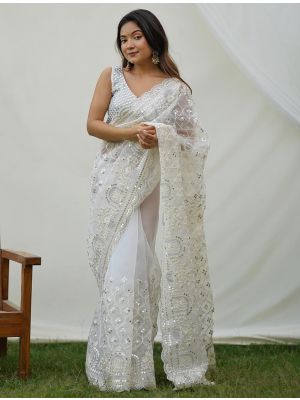 Off White Organza Party Wear Saree With Thread And Sequins