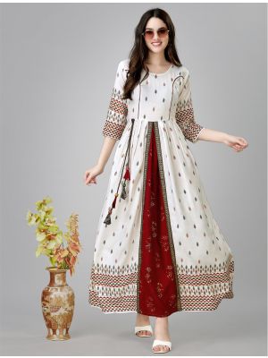 off white rayon printed anarkali kurta fabku21047