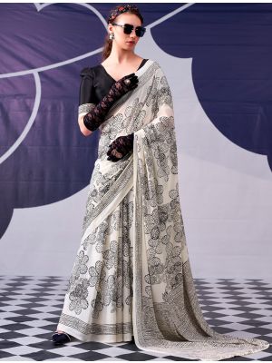 Off White Satin Silk Party Wear Saree