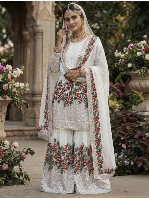 Off White Silk Blend Embroidered Ready To Wear Sharara Suit FABSL22494