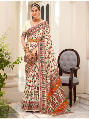 Off White Velvet Tussar Silk Ethnic Saree