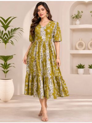olive and grey rayon fit and flare tiered midi dress fabku21293