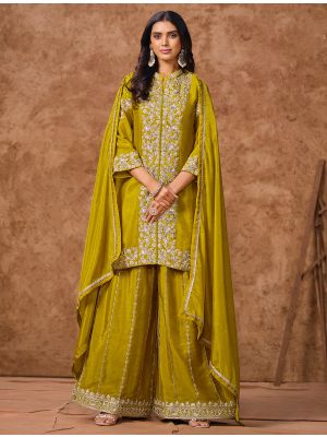 Olive Green Chinon Semi Stitched Palazzo Suit small FABSL22127