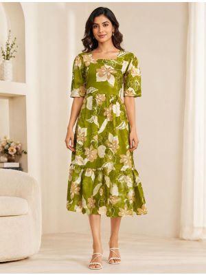 olive green cotton blend fit and flare tiered midi dress fabku21286
