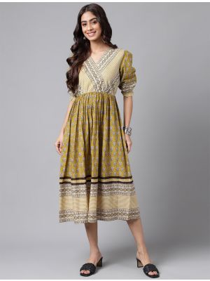 olive green cotton printed trendy frock fabku20879