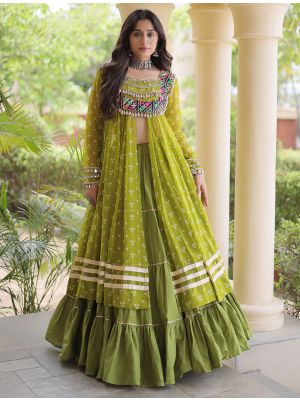 Olive Green Cotton Ready To Wear Lehenga With Georgette Blouse small FABLE20625