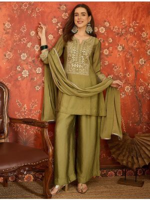 Olive Green Embroidered Silk Blend Ready To Wear Salwar Kameez FABSL22591