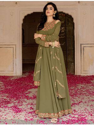 olive green georgette contemporary gown with dupatta fabgo20424