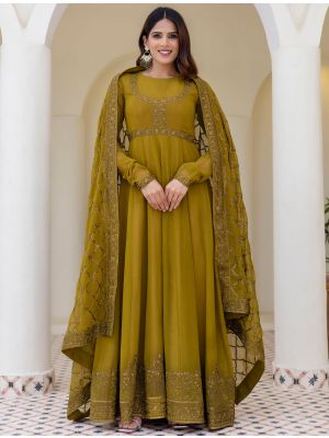 olive green georgette embroidered anarkali gown with dupatta fabgo20449