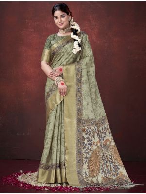 Olive Green Habotai Silk Traditional Pattern Saree