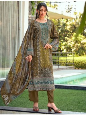 Olive Green Lawn Cotton Pakistani Salwar Kameez With Thread Work small FABSL22562