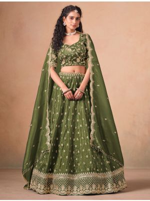 Olive Green Organza Embroidered Wedding Lehenga Choli thumbnail FABLE20499