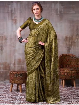 Olive Green Satin Silk Party Wear Saree