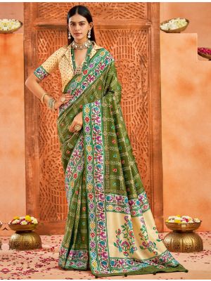 Olive Green Velvet Tussar Silk Saree With Paithani Pallu