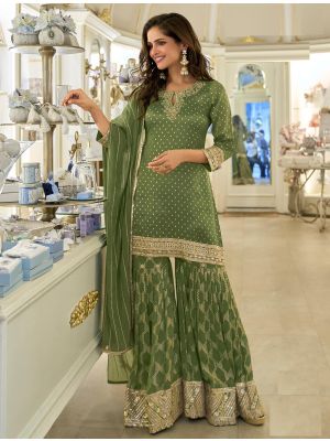 Olive Green Viscose Free Size Ready To Wear Sharara Suit small FABSL22393