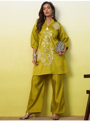 olive green viscose rayon embroidered co ord set fabku21310