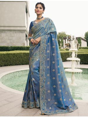 Ombre Blue Viscose Tissue Premium Designer Saree