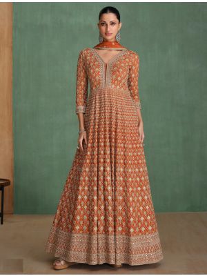 Orange Georgette Pre Stitched Anarkali Suit In XL FABSL22118