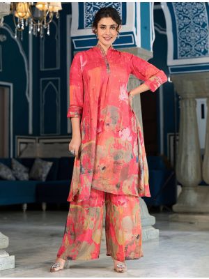 orange muslin digital printed stylish co ord set fabku20974