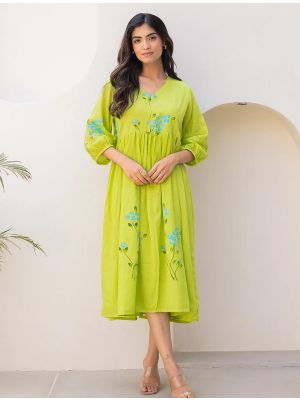 parrot green kota checks digital printed frock swatch fabku21148
