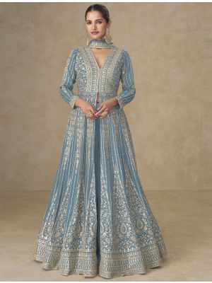 Pastel Blue Chinon Free Size Ready To Wear Anarkali Dress small FABSL22409