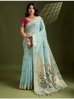 Pastel Blue Muga Cotton Saree With Paithani Weaving