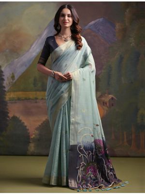 Pastel Blue Muga Cotton Saree With Zari Weaving
