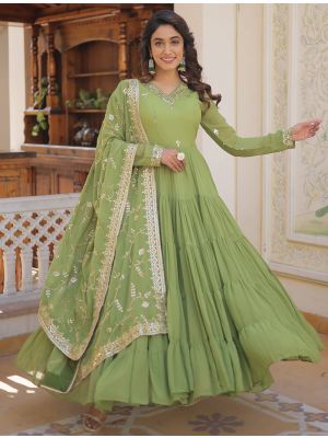 pastel green georgette sequined anarkali gown with dupatta fabgo20283