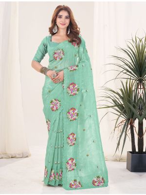 Pastel Green Gold Crush Embroidered Saree