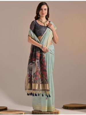 Pastel Green Muga Cotton Traditional Pattern Saree