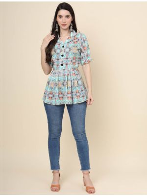 pastel green pure cotton printed short kurti fabku20910
