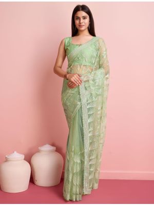Pastel Green Soft Net Party Wear Saree With Sequins